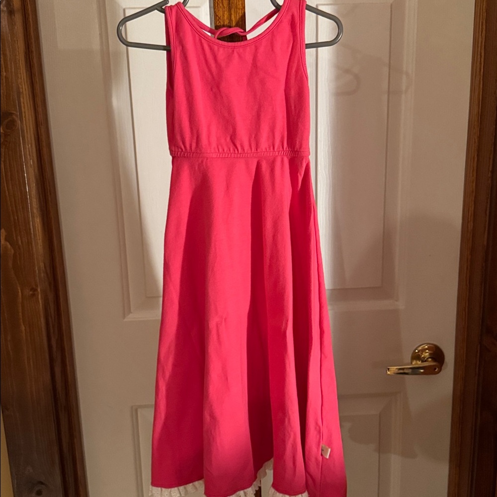 OMI JO 24M Maxi Hot Pink Dress w Tie & White Ruffle Lace Trim with Eyelets girls